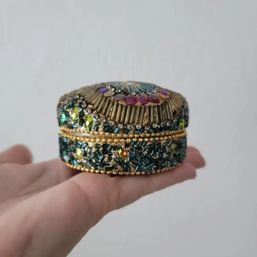 Vintage Beaded Trinket Jewelry Box Round Domed Iridescent Gold Turquoise Pink